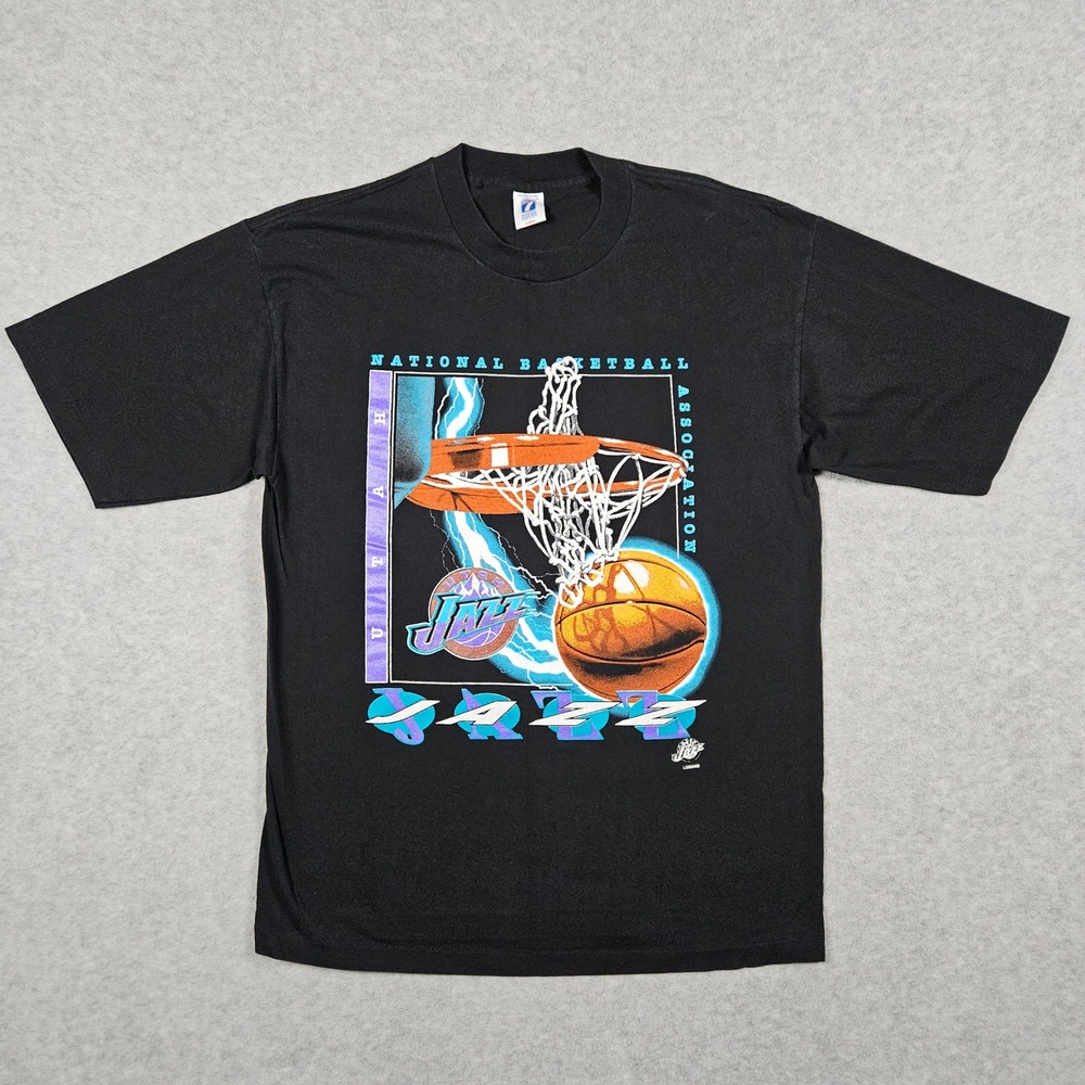 Logo 7 XL Black T-Shirt Utah Jazz NBA Basketball Graphic Tee Single Stitch VTG